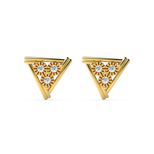 Bezel Setting Round Yellow Gold Illusion triangle Diamond Earrings