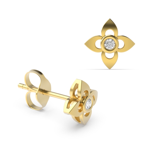 Bezel Setting Round Yellow Gold Flower petal Diamond Earrings