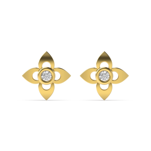 Bezel Setting Round Yellow Gold Flower petal Diamond Earrings