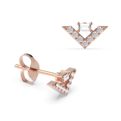 4 Prong Baguette Rose Gold V shaped Stud Diamond Earrings