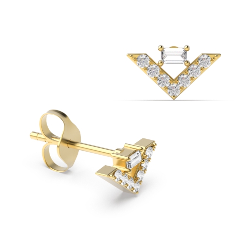4 Prong Baguette Yellow Gold V shaped Stud Diamond Earrings
