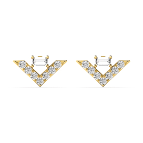 4 Prong Baguette Yellow Gold V shaped Stud Diamond Earrings