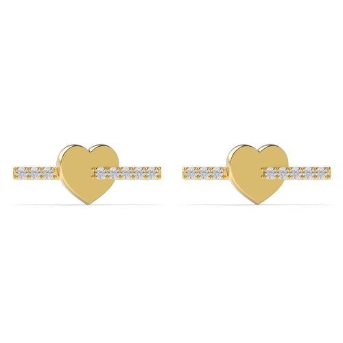 Pave Setting Round Yellow Gold Heart bar Stud Diamond Earrings