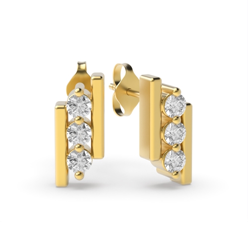 Channel Setting Round Shape Triple Stone Stack Designer Diamond Stud Earrings (7.0mm X 3.0mm)