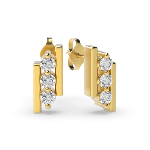 Channel Setting Round Yellow Gold Triplestack Stud Diamond Earrings