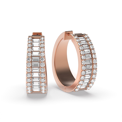 4 Prong Round/Baguette Rose Gold Wide Hoop Diamond Earrings
