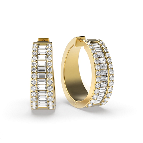 4 Prong Round/Baguette Yellow Gold Wide Hoop Diamond Earrings