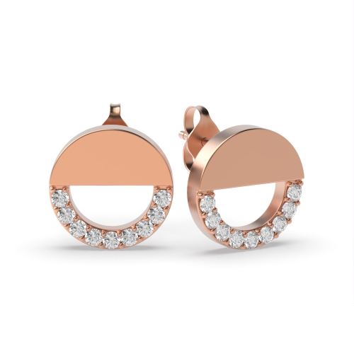 Pave Setting Round Rose Gold Half moon Stud Diamond Earrings