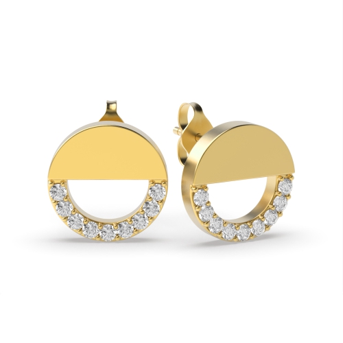 Pave Setting Round Yellow Gold Half moon Stud Diamond Earrings