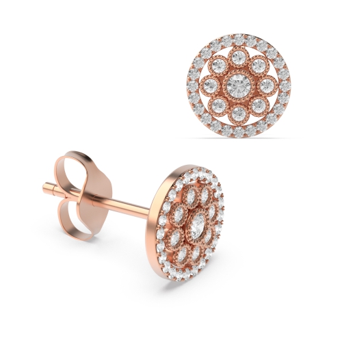 Pave Setting Round Rose Gold Miligrain Stud Diamond Earrings