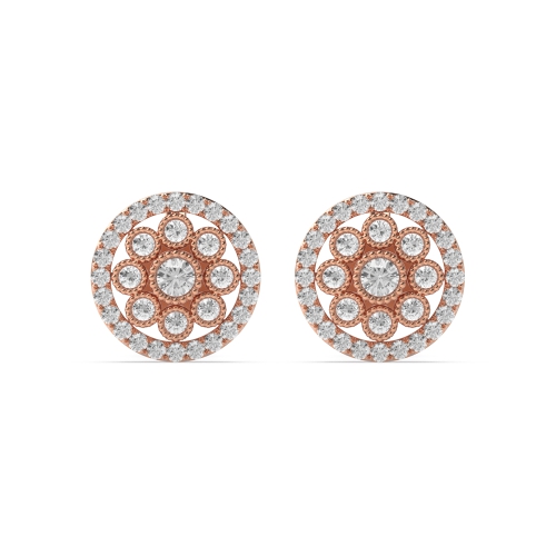 Pave Setting Round Rose Gold Miligrain Stud Diamond Earrings