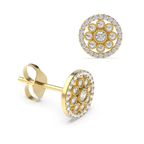 Pave Setting Round Yellow Gold Miligrain Stud Diamond Earrings