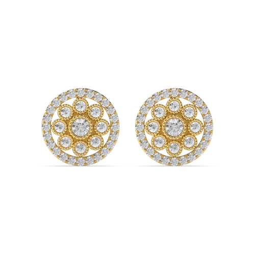 Pave Setting Round Yellow Gold Miligrain Stud Diamond Earrings