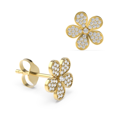 Pave Setting Round Yellow Gold Flower Diamond Earrings
