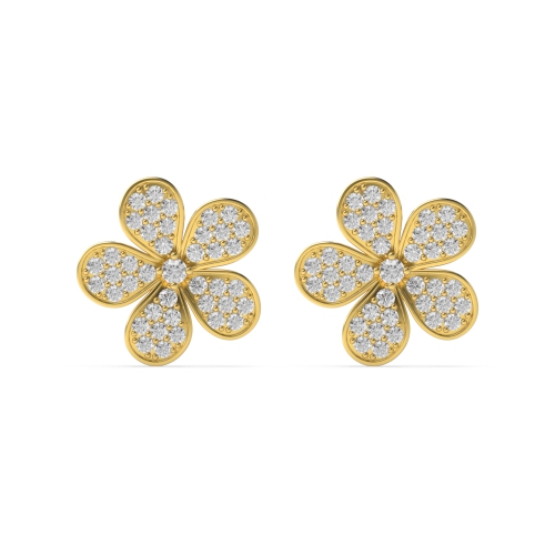 Pave Setting Round Yellow Gold Flower Diamond Earrings