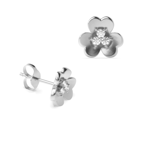 4 Prongs Round Shape Triple Diamonds Clover Designer Stud Diamond Earrings (7.00mm X 7.50mm)