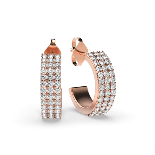 Pave Setting Round Rose Gold 3 row Hoop Diamond Earrings