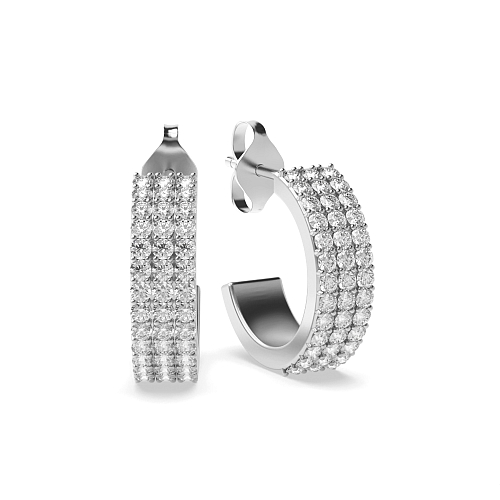 Pave Setting Round 3 row Hoop Diamond Earrings