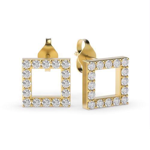 Pave Setting Round Yellow Gold Open square Stud Diamond Earrings
