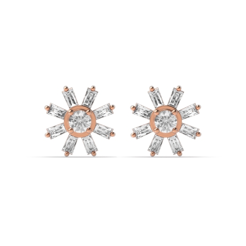4 Prong Baguette Rose Gold Flower Diamond Earrings
