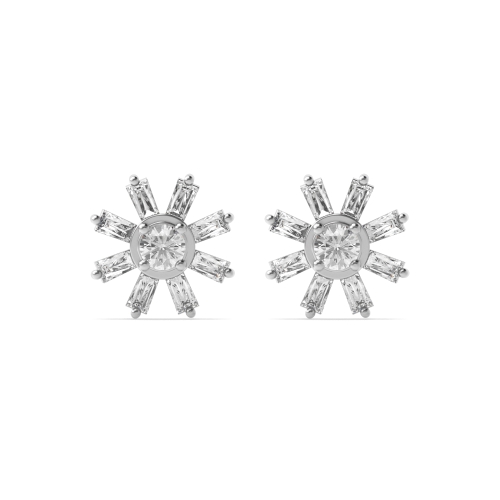 4 Prong Baguette Silver Flower Designer Diamond Earrings