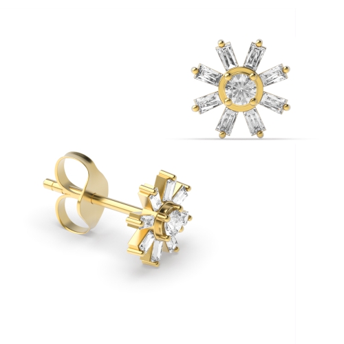 4 Prong Baguette Yellow Gold Flower Diamond Earrings