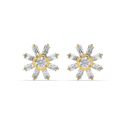 4 Prong Baguette Yellow Gold Flower Diamond Earrings