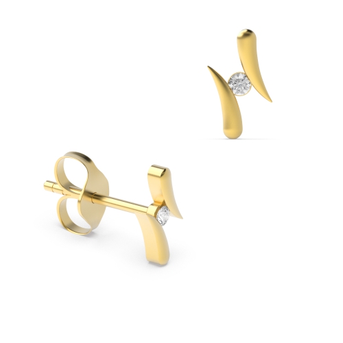 Channel Setting Round Yellow Gold Delicate Stud Diamond Earrings
