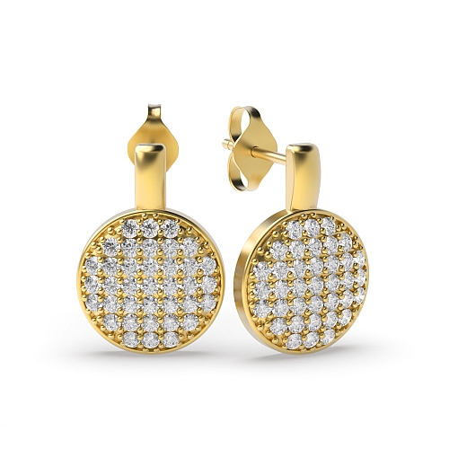 Pave Setting Round Yellow Gold Disc Drop Diamond Earrings
