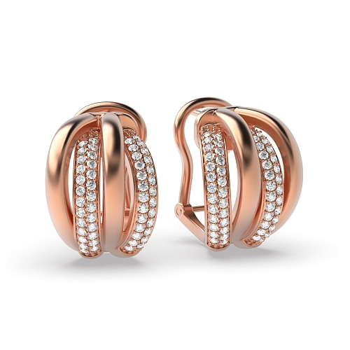 Pave Setting Round Rose Gold 4 row alternate diamond and plain Diamond Earrings