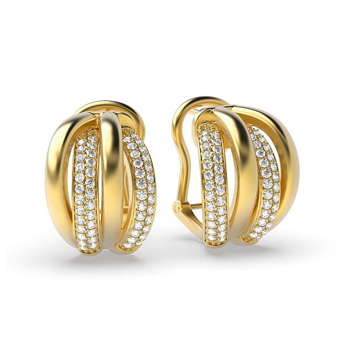 Pave Setting Round Yellow Gold 4 row alternate diamond and plain Diamond Earrings