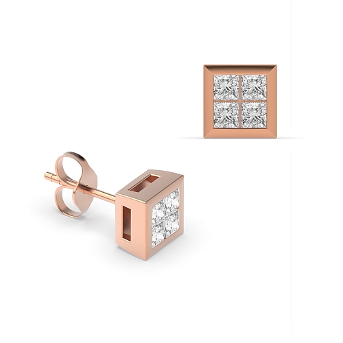 Channel Setting Princess Rose Gold Squared Diamond Earrings