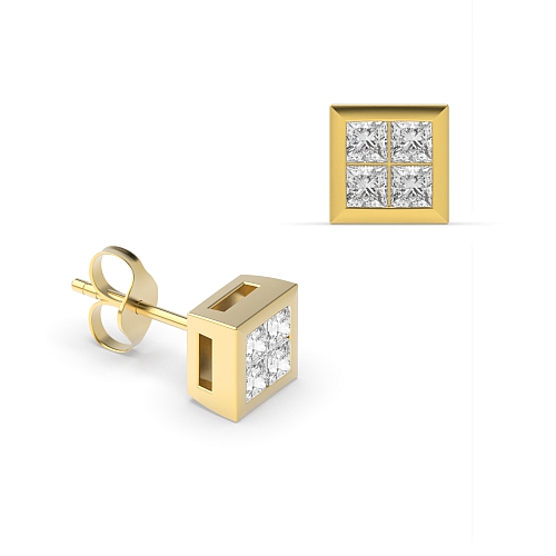 Channel Setting Princess Yellow Gold Squared Diamond Earrings