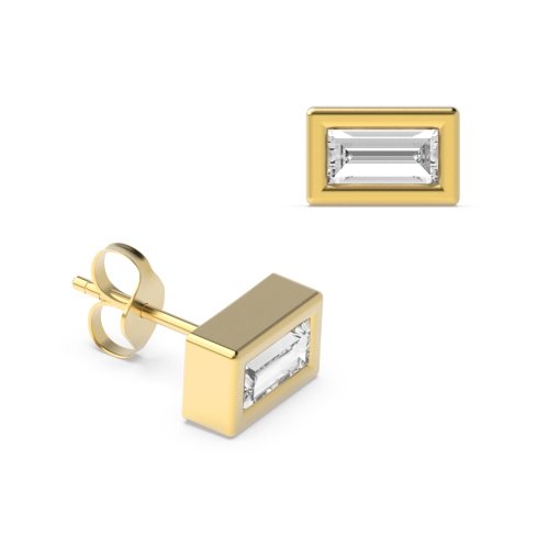 Bezel Setting Baguette Yellow Gold Stud Diamond Earrings