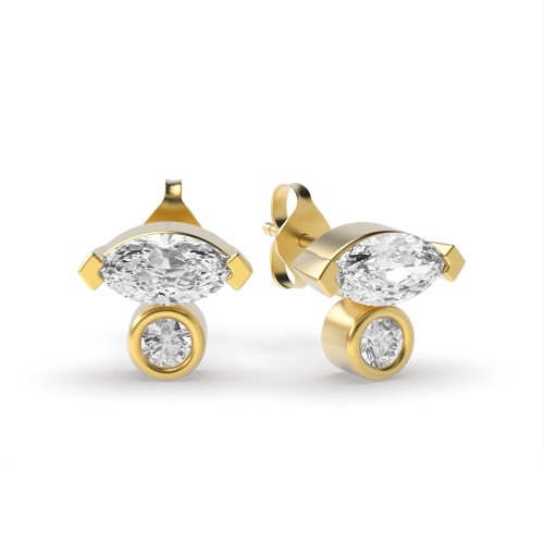 Bezel Setting Marquise/Round Yellow Gold Enchanted Diamond Earrings
