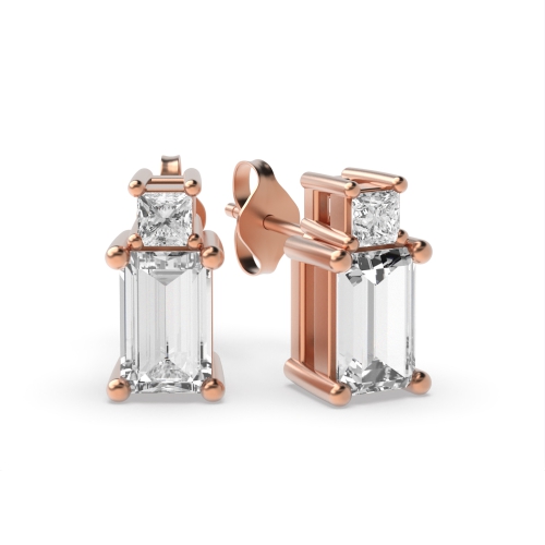 4 Prong Baguette Rose Gold 2 stone Diamond Earrings