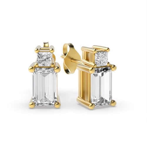 4 Prong Baguette Yellow Gold 2 stone Diamond Earrings