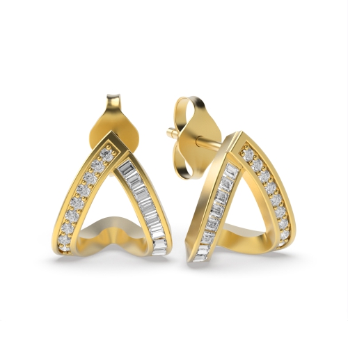 Pave Setting Baguette Yellow Gold Cluster Earrings