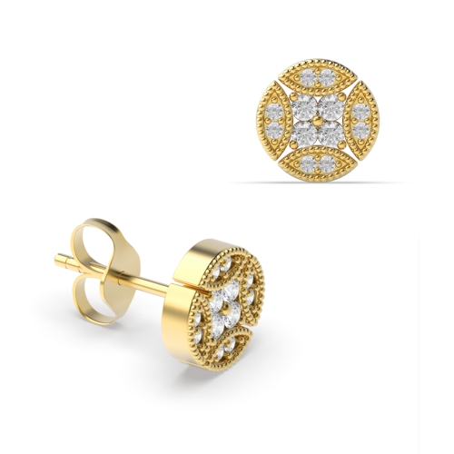 Pave Setting Round Yellow Gold Cluster Earrings