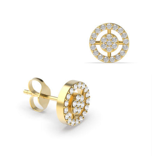 Pave Setting Round Yellow Gold Cluster Earrings