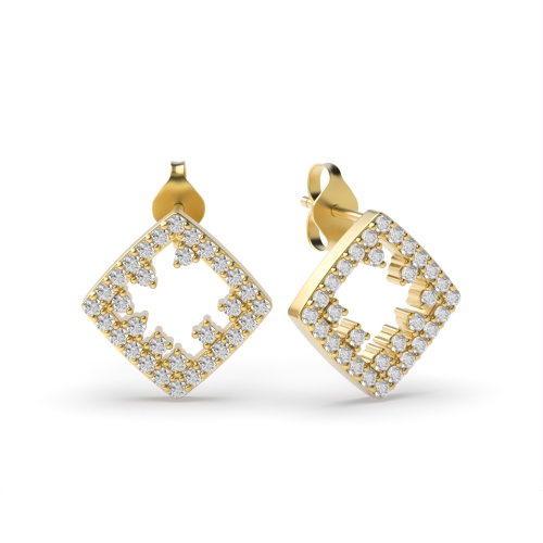 Pave Setting Round Yellow Gold Square shaped Diamond Earrings