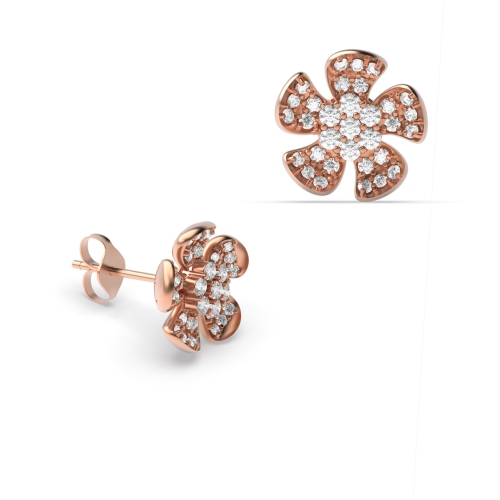 Pave Setting Round Rose Gold Five petal flower Diamond Earrings