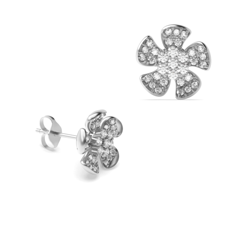 Pave Setting Round White Gold Five petal flower Diamond Earrings