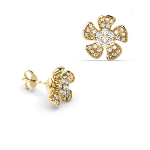 Pave Setting Round Yellow Gold Five petal flower Diamond Earrings