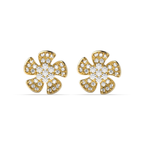 Pave Setting Round Yellow Gold Five petal flower Diamond Earrings