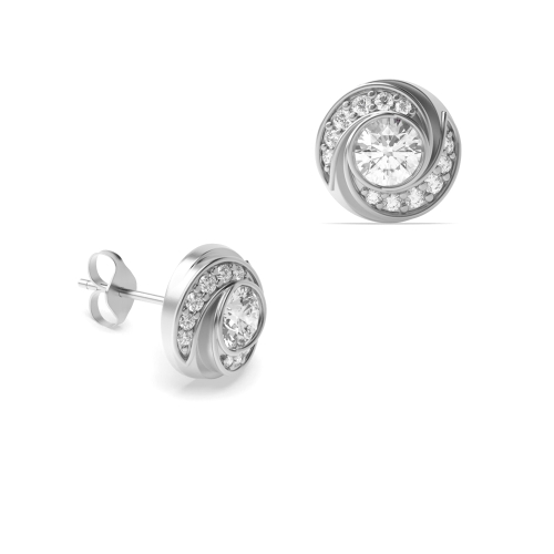 Pave Setting Round Silver Twisted halo Designer Diamond Earrings