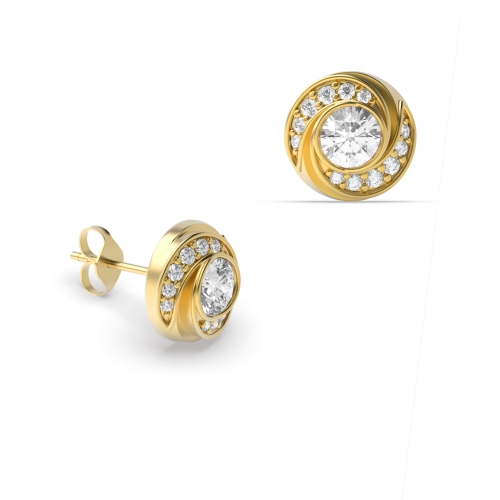 Pave Setting Round Yellow Gold Cluster Earrings