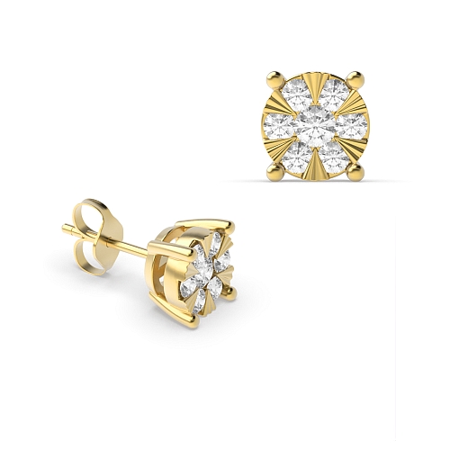 4 Prong Round Yellow Gold 0.30ct illusion set Diamond Earrings