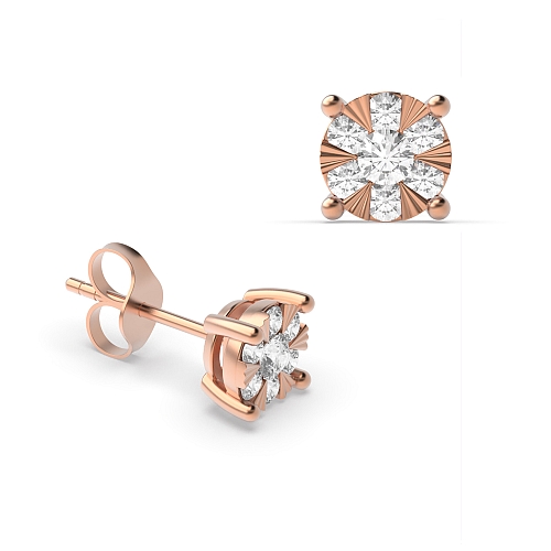 4 Prong Round Rose Gold Sunburst Stellated Diamond Earrings