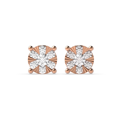 4 Prong Round Rose Gold Sunburst Stellated Diamond Earrings